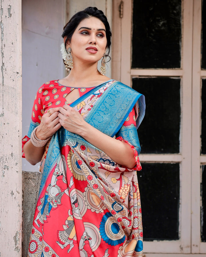 Blush Pink Tussar Silk Saree with Kalamkari Floral Print, Sky Blue Zari Border, Artistic Pallu & Tassels