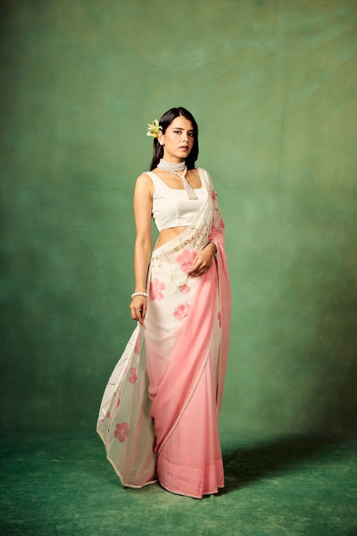 Blush Pink Pure Georgette Hand-Painted Floral Saree with White Motifs & Sequin Accents – Modal Satin Blouse