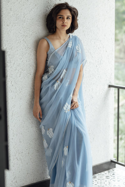 Sky Blue Pure Georgette Hand-Painted Floral Saree with Sequins & Pearl Detailing | Satin Blouse