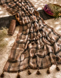 Mocha Brown, Black & Beige Checkered Mul Cotton Saree with Tassels & Attached Blouse Piece