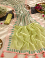 Lime Green, Mint & Peach Striped Mul Cotton Saree with Geometric Border, Tassels & Attached Blouse