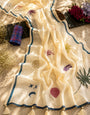 Ivory Mul Cotton Saree with Multicolour Abstract Botanical Print, Teal Blue Border, Tassels & Attached Check Blouse