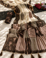 Ivory & Chocolate Brown Mul Cotton Saree with Geometric Patchwork, Floral Print, Tassels & Attached Blouse