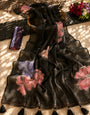 Black Mul Cotton Saree with Oversized Pink & Lavender Floral Print, Tassels & Attached Contrast Blouse