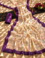 Ivory & Royal Purple Mul Cotton Saree with Multicolour Geometric Square Print, Tassels & Attached Blouse
