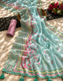 Aqua Blue Mul Cotton Saree with Pink Floral Print, Multicolour Striped & Checkered Border, Tassels & Attached Blouse