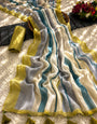 Ivory, Teal Blue & Grey Mul Cotton Saree with Colour Block Stripes, Olive Border, Tassels & Attached Blouse