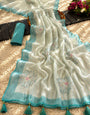 Aqua Blue Mul Cotton Saree with Floral Print, Fine Stripes, Tassels & Attached Blouse