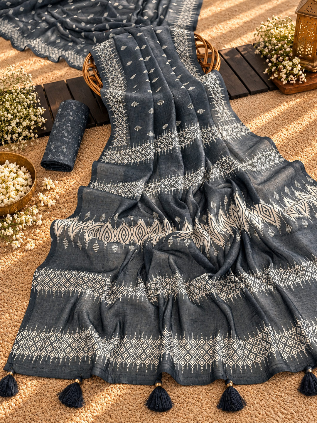 Charcoal Grey Mul Cotton Saree with Ivory Geometric Print, Tassels & Attached Blouse