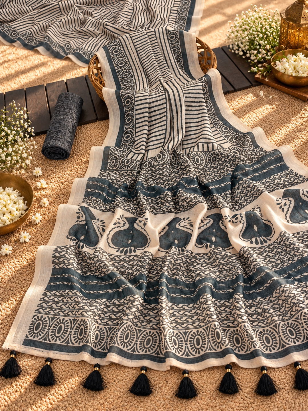 Ivory & Charcoal Black Mul Cotton Saree with Ethnic Block Print, Statement Pallu, Tassels & Attached Blouse