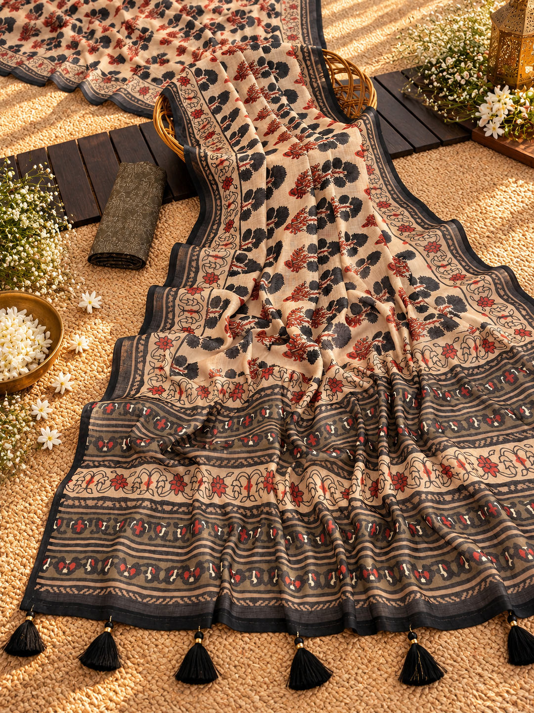 Beige, Black & Rust Mul Cotton Saree with Traditional Floral Print, Statement Pallu, Tassels & Attached Blouse