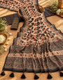 Beige, Black & Rust Mul Cotton Saree with Traditional Floral Print, Statement Pallu, Tassels & Attached Blouse
