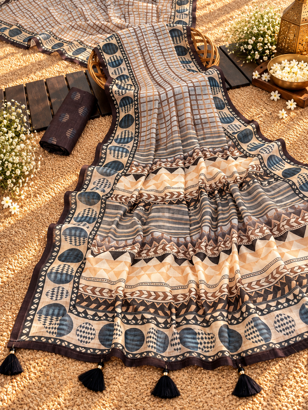 Beige, Brown & Charcoal Mul Cotton Saree with Geometric Print, Statement Pallu, Tassels & Attached Blouse