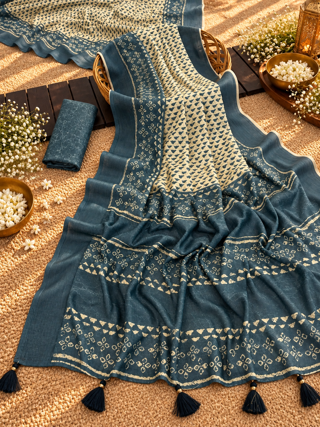 Teal Blue & Ivory Mul Cotton Saree with Bandhani-Inspired Print, Statement Pallu, Tassels & Attached Blouse