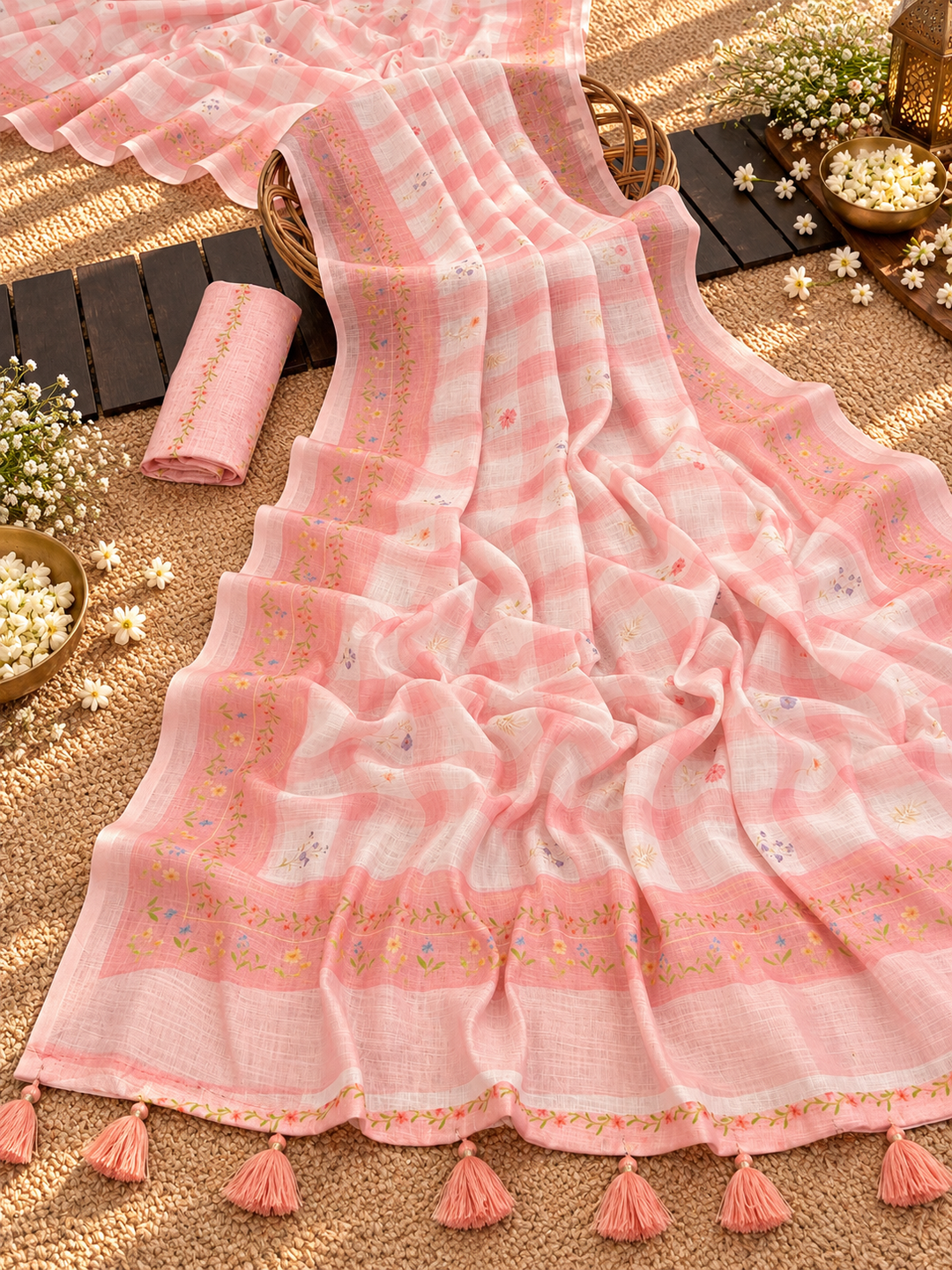 Blush Pink & White Mul Cotton Saree with Checkered Floral Print, Tassels & Attached Blouse