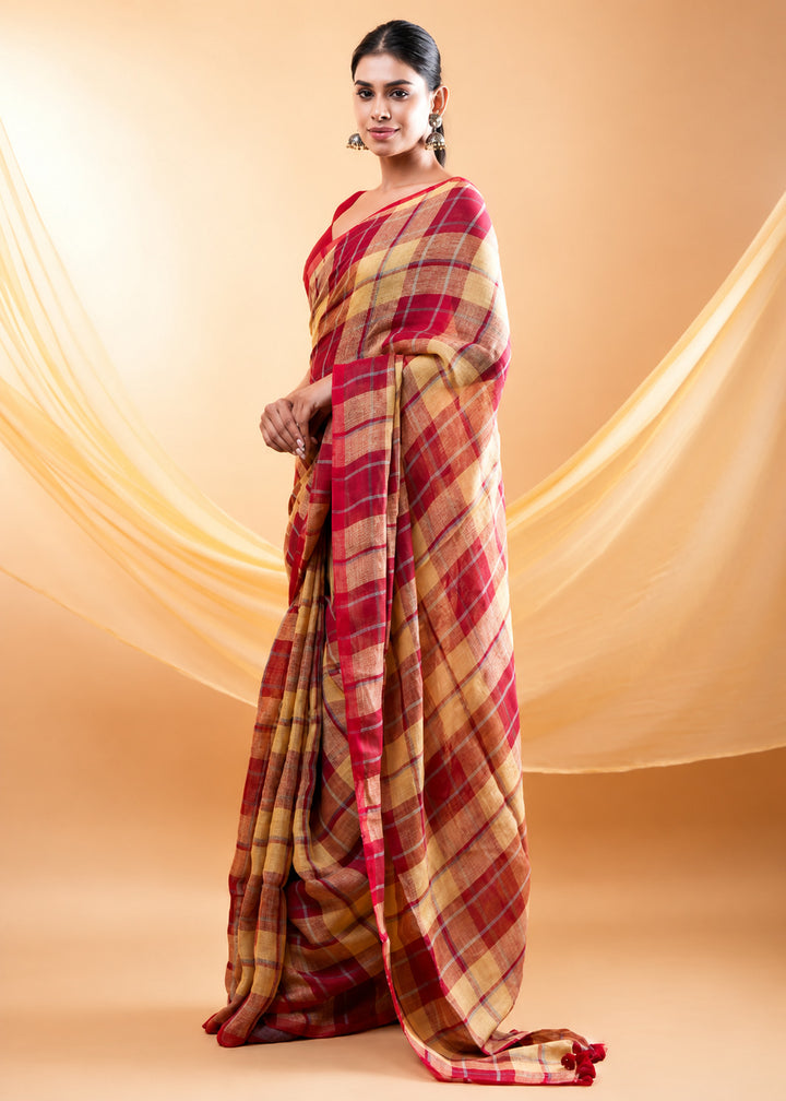 Red & Beige Checks Mul Cotton Saree with Tassels & Attached Blouse Piece
