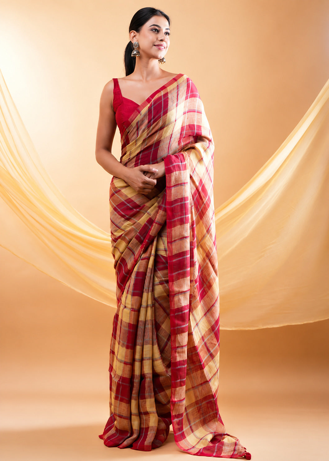 Red & Beige Checks Mul Cotton Saree with Tassels & Attached Blouse Piece