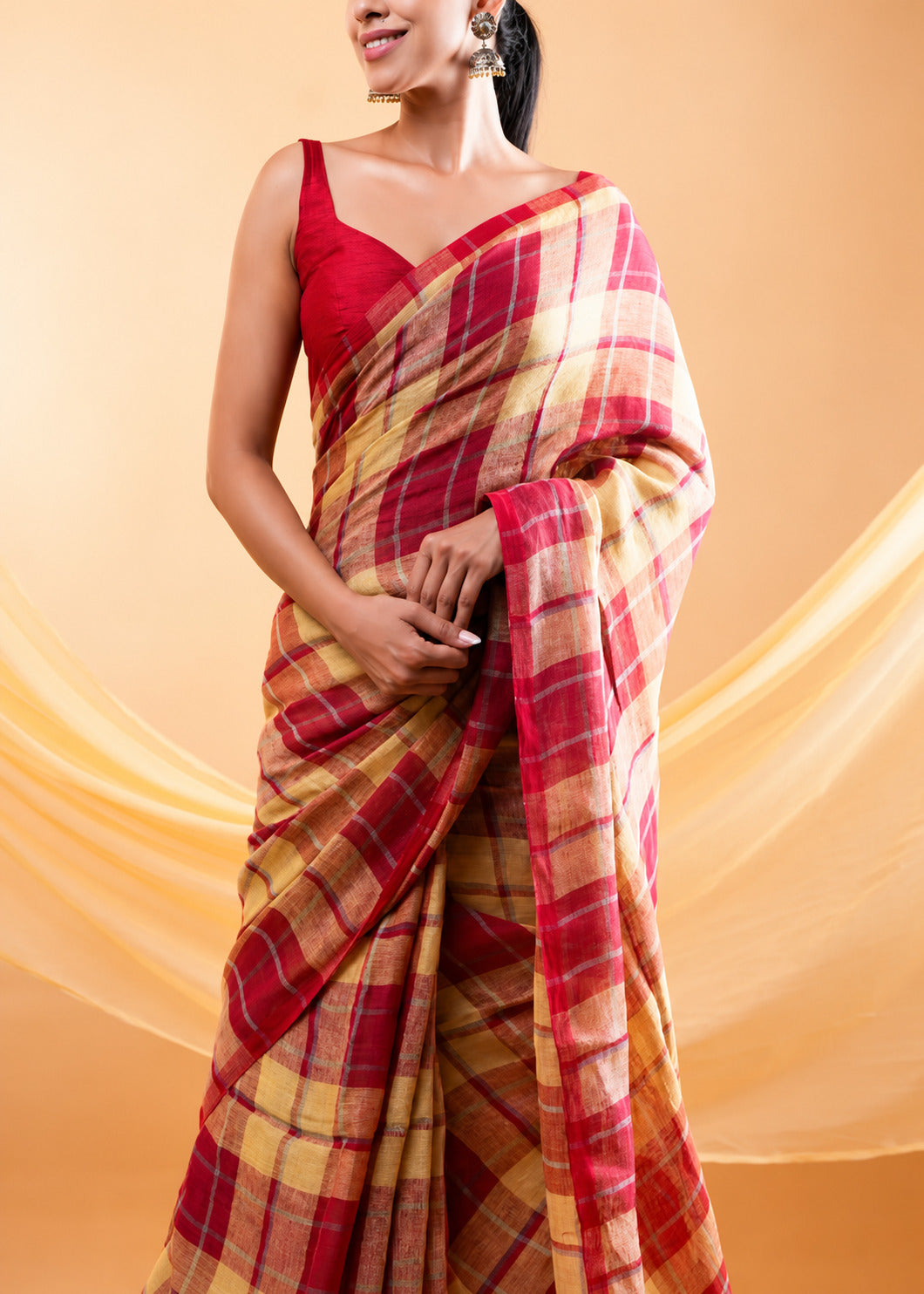 Red & Beige Checks Mul Cotton Saree with Tassels & Attached Blouse Piece