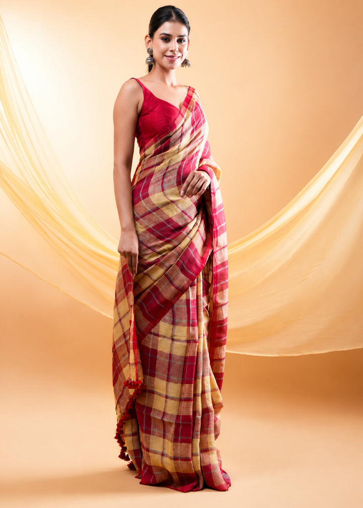 Red & Beige Checks Mul Cotton Saree with Tassels & Attached Blouse Piece