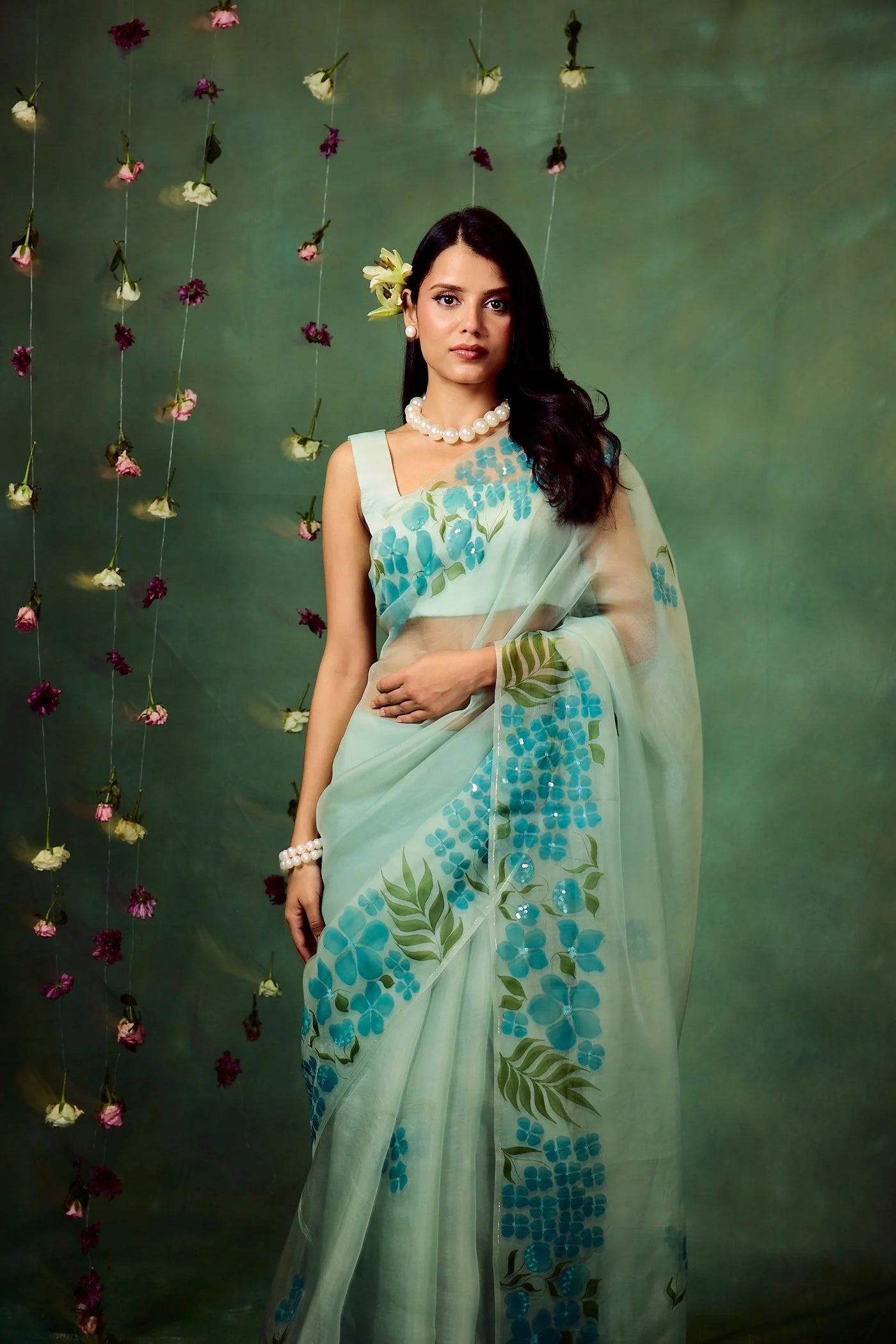 Sky Blue Pure Organza Hand-Painted Saree with White Floral Motifs & Sequins | Modal Satin Blouse