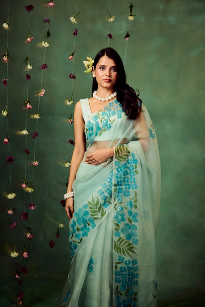 Sky Blue Pure Organza Hand-Painted Saree with White Floral Motifs & Sequins | Modal Satin Blouse