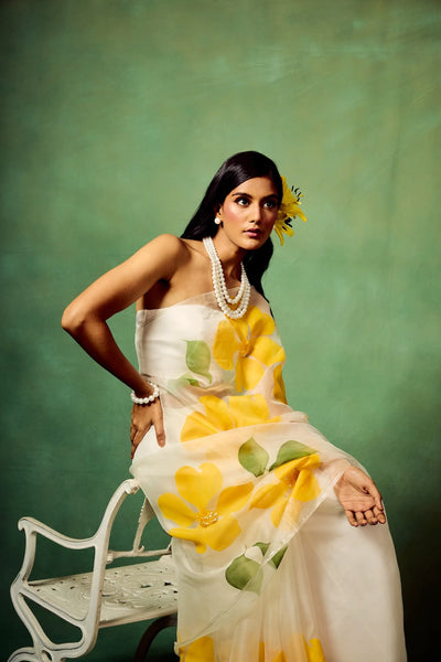 White Pure Organza Saree with Hand-Painted Oversized Yellow Floral Motifs & Sequin Accents | Satin Blouse
