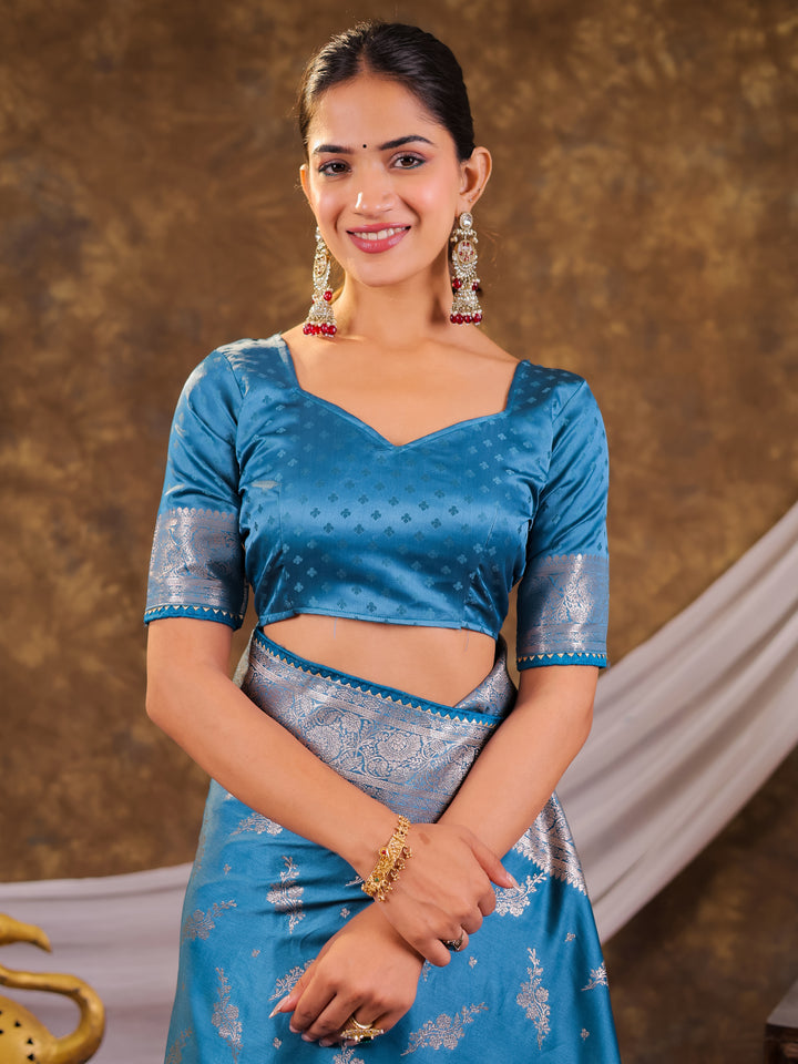 Sky Blue Kanjivaram Banarasi Satin Silk Saree with Silver Zari Weaving, Designer Woven Pallu & Tassel Detailing