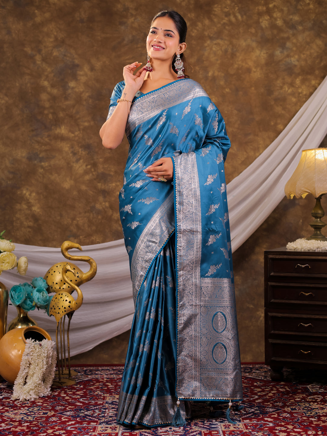Sky Blue Kanjivaram Banarasi Satin Silk Saree with Silver Zari Weaving, Designer Woven Pallu & Tassel Detailing