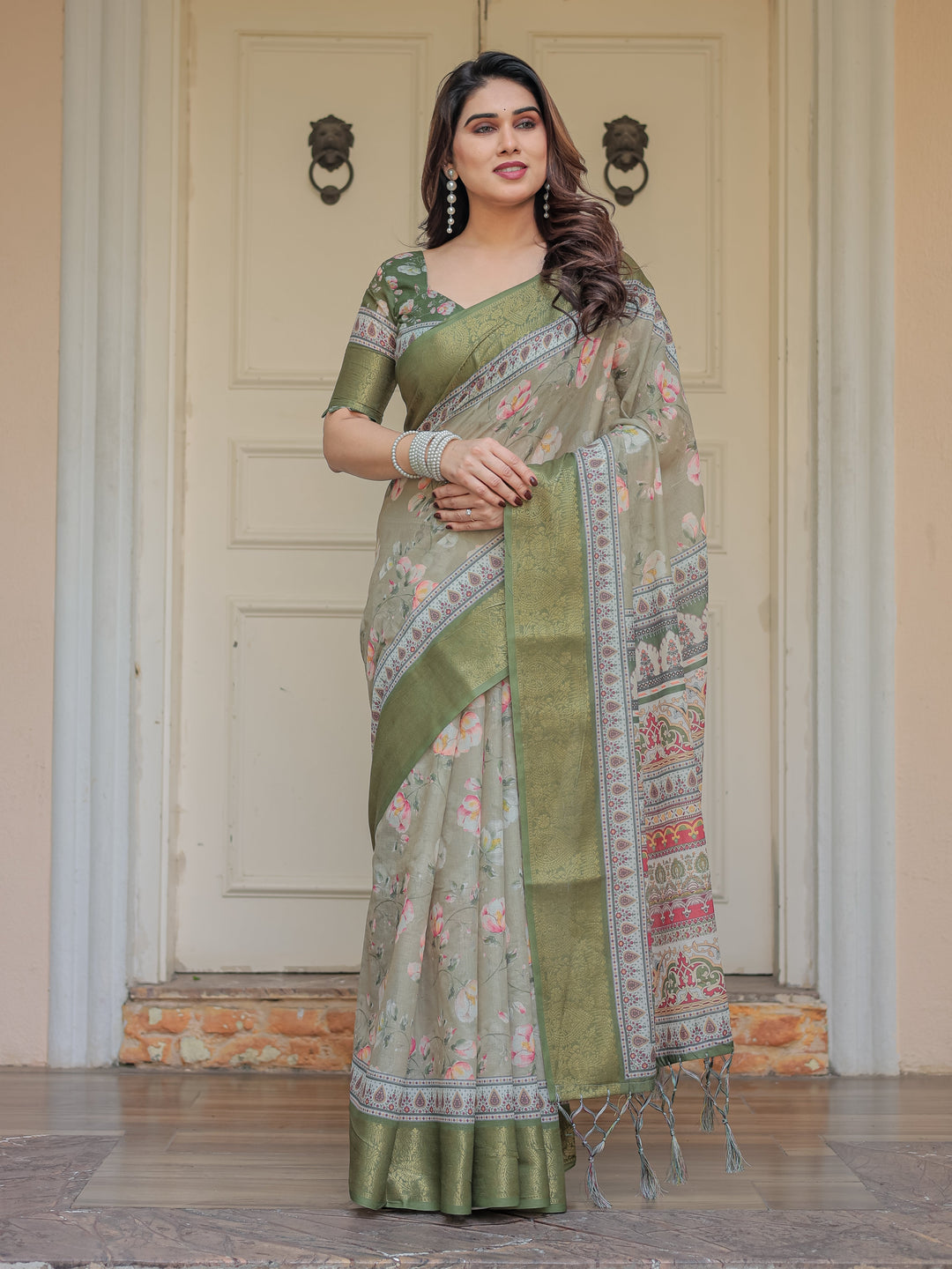 Olive Green Floral Printed Handloom Cotton Saree with Woven Zari Border & Traditional Pallu