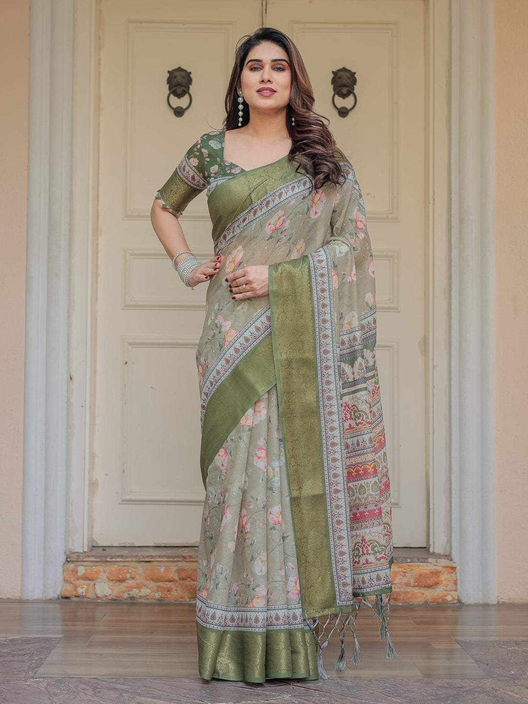 Olive Green Floral Printed Handloom Cotton Saree with Woven Zari Border & Traditional Pallu