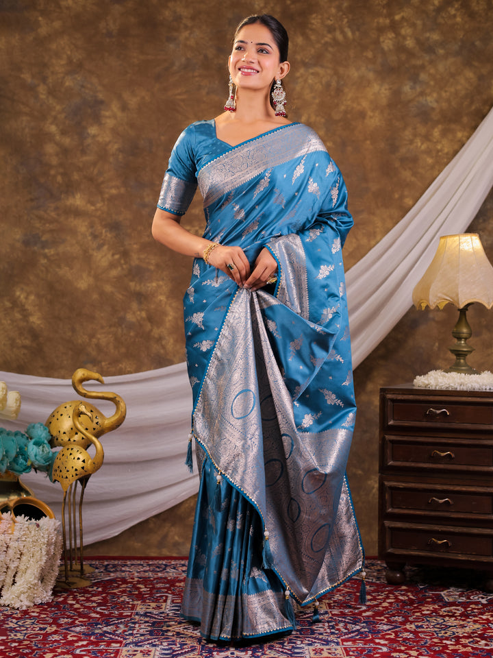 Sky Blue Kanjivaram Banarasi Satin Silk Saree with Silver Zari Weaving, Designer Woven Pallu & Tassel Detailing