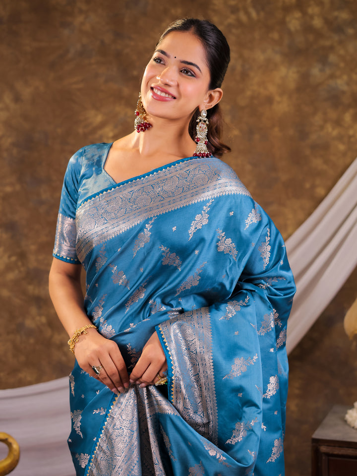 Sky Blue Kanjivaram Banarasi Satin Silk Saree with Silver Zari Weaving, Designer Woven Pallu & Tassel Detailing