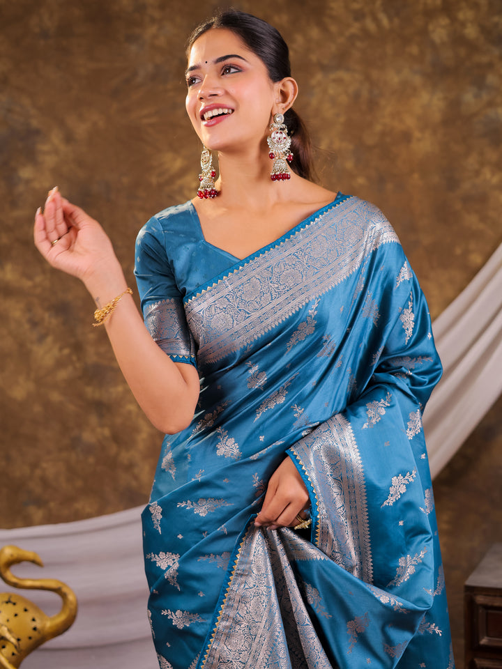 Sky Blue Kanjivaram Banarasi Satin Silk Saree with Silver Zari Weaving, Designer Woven Pallu & Tassel Detailing