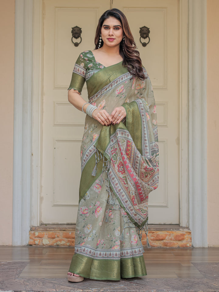 Olive Green Floral Printed Handloom Cotton Saree with Woven Zari Border & Traditional Pallu