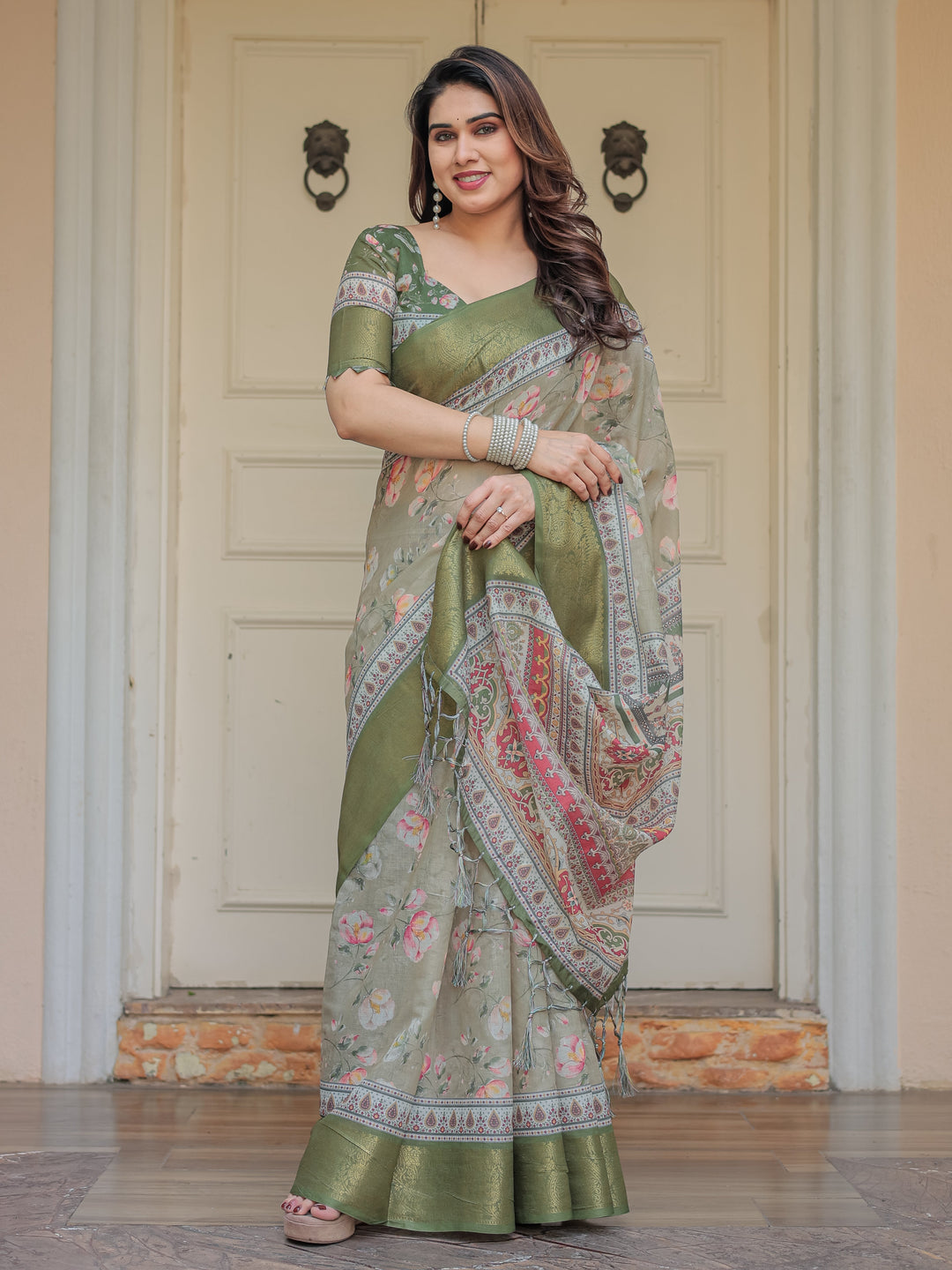 Olive Green Floral Printed Handloom Cotton Saree with Woven Zari Border & Traditional Pallu