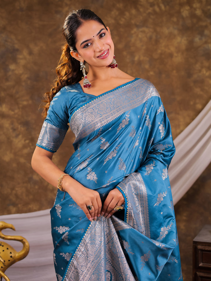Sky Blue Kanjivaram Banarasi Satin Silk Saree with Silver Zari Weaving, Designer Woven Pallu & Tassel Detailing