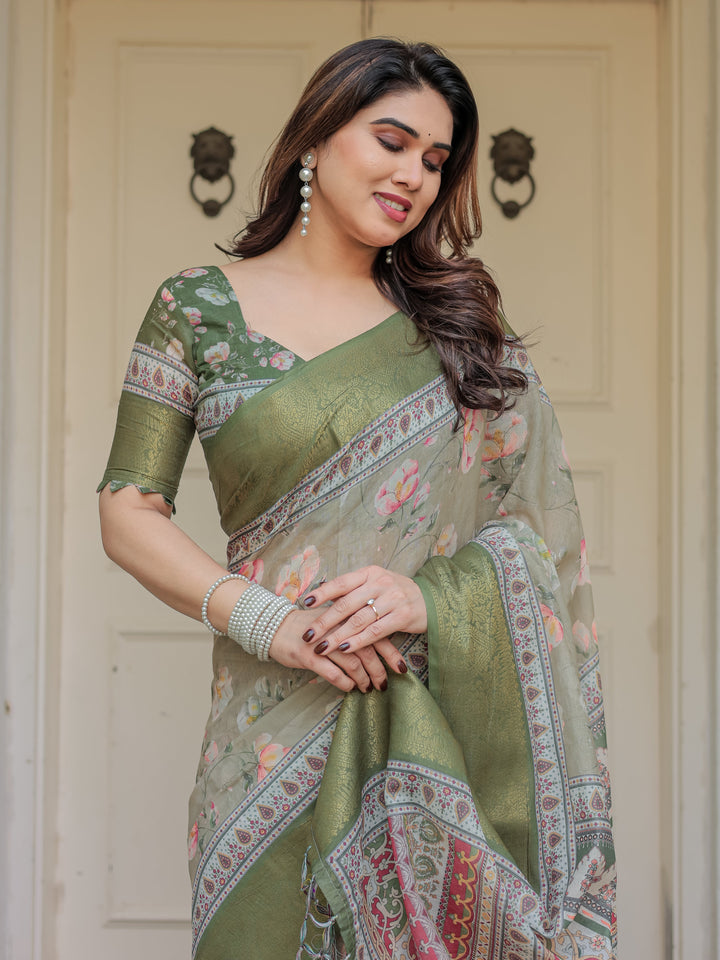 Olive Green Floral Printed Handloom Cotton Saree with Woven Zari Border & Traditional Pallu