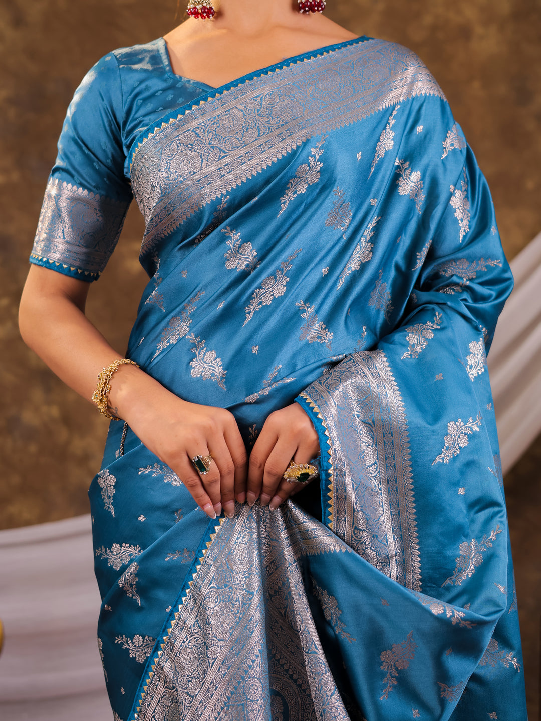 Sky Blue Kanjivaram Banarasi Satin Silk Saree with Silver Zari Weaving, Designer Woven Pallu & Tassel Detailing