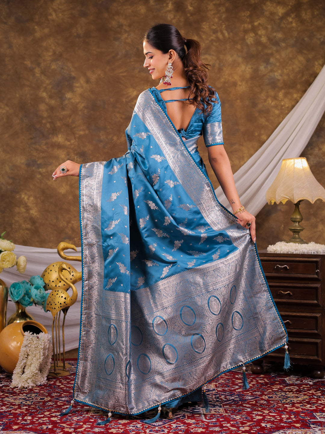 Sky Blue Kanjivaram Banarasi Satin Silk Saree with Silver Zari Weaving, Designer Woven Pallu & Tassel Detailing