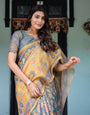 Mustard Blue Handloom Cotton Saree with Mudra Motifs & Goddess Saraswati Pallu