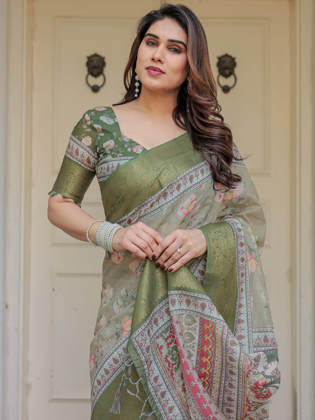Olive Green Floral Printed Handloom Cotton Saree with Woven Zari Border & Traditional Pallu