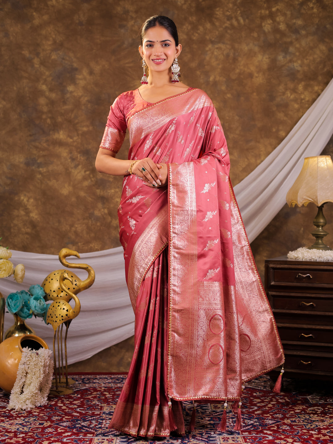Rose Pink Kanjivaram Banarasi Satin Silk Saree with Silver Zari Weaving, Designer Woven Pallu & Tassel Detailing