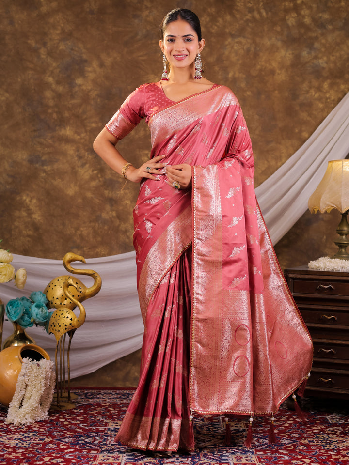 Rose Pink Kanjivaram Banarasi Satin Silk Saree with Silver Zari Weaving, Designer Woven Pallu & Tassel Detailing
