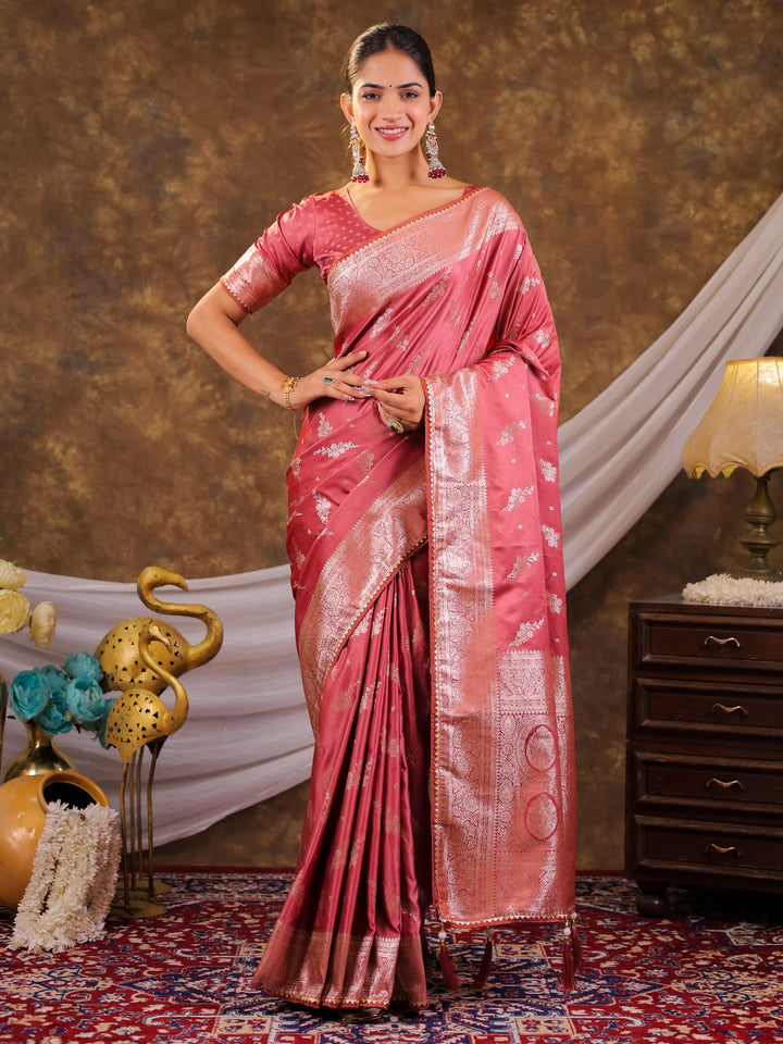 Rose Pink Kanjivaram Banarasi Satin Silk Saree with Silver Zari Weaving, Designer Woven Pallu & Tassel Detailing