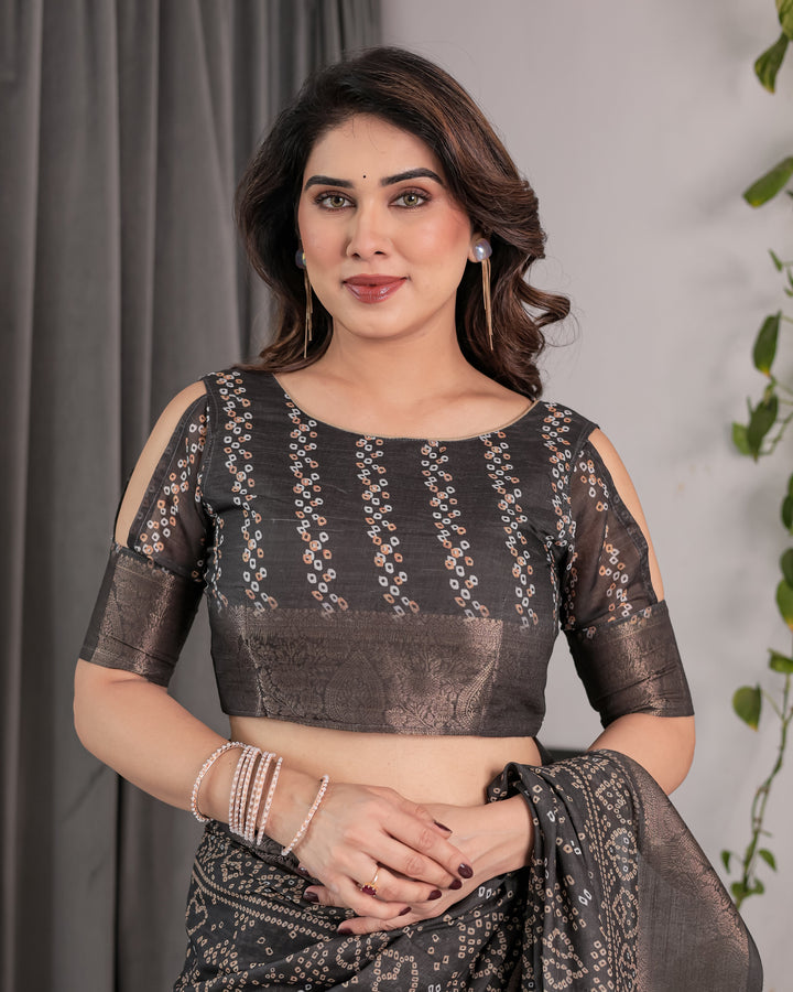 Charcoal Black Handloom Linen Saree with Ivory Tribal Bandhani Print & Zari Border | Tassel Pallu | 5.5m Saree + 0.8m Blouse