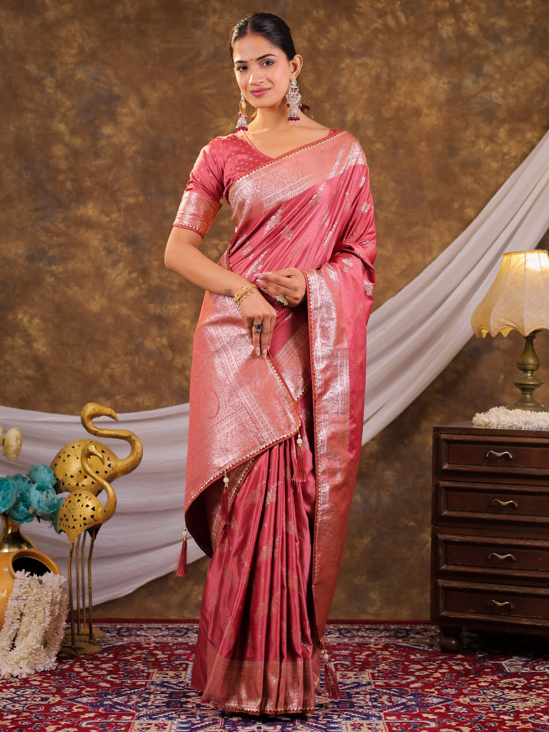 Rose Pink Kanjivaram Banarasi Satin Silk Saree with Silver Zari Weaving, Designer Woven Pallu & Tassel Detailing