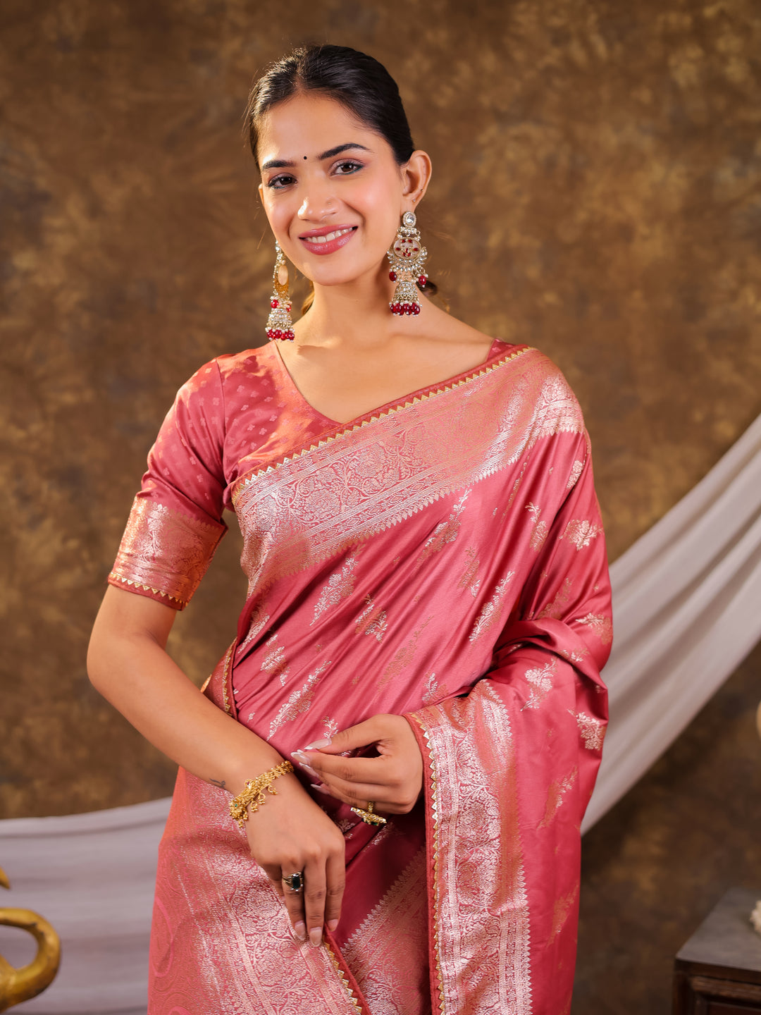 Rose Pink Kanjivaram Banarasi Satin Silk Saree with Silver Zari Weaving, Designer Woven Pallu & Tassel Detailing