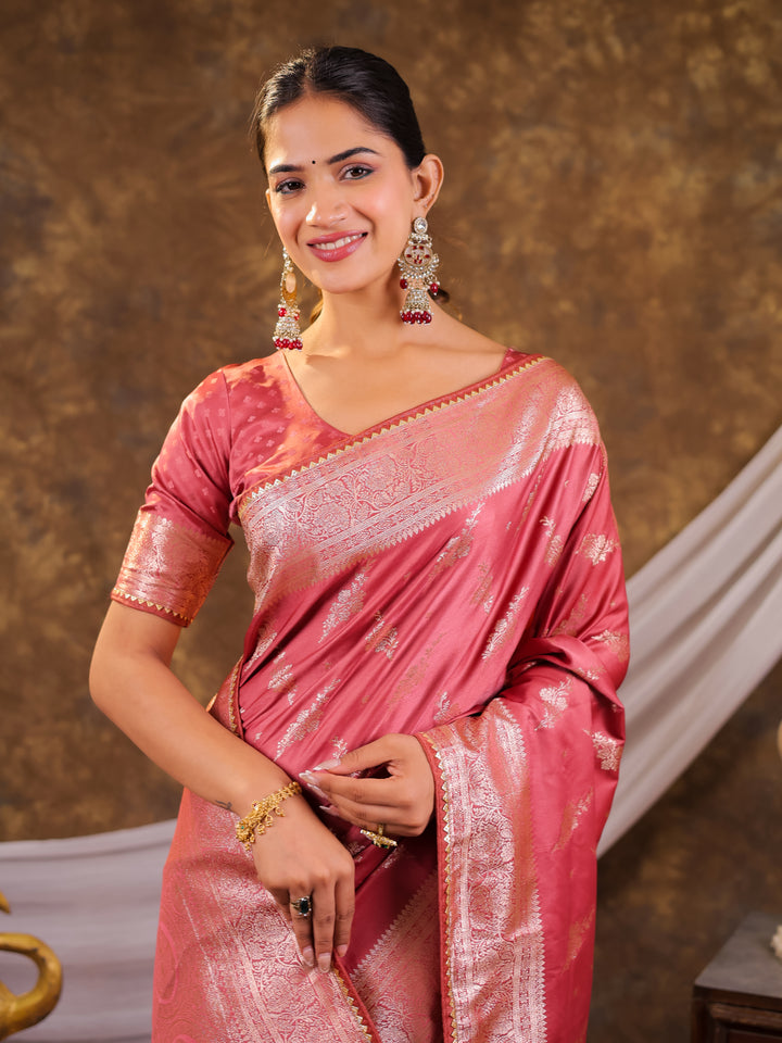 Rose Pink Kanjivaram Banarasi Satin Silk Saree with Silver Zari Weaving, Designer Woven Pallu & Tassel Detailing