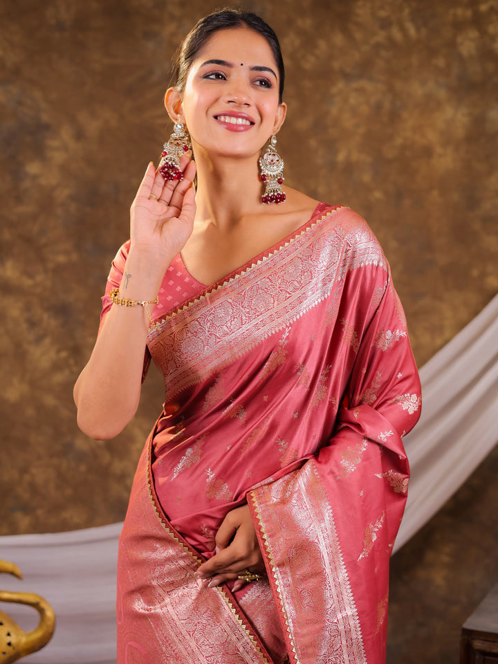 Rose Pink Kanjivaram Banarasi Satin Silk Saree with Silver Zari Weaving, Designer Woven Pallu & Tassel Detailing