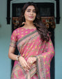 Rani Pink Handloom Cotton Saree with Yellow Floral Print & Royal Horse Pallu